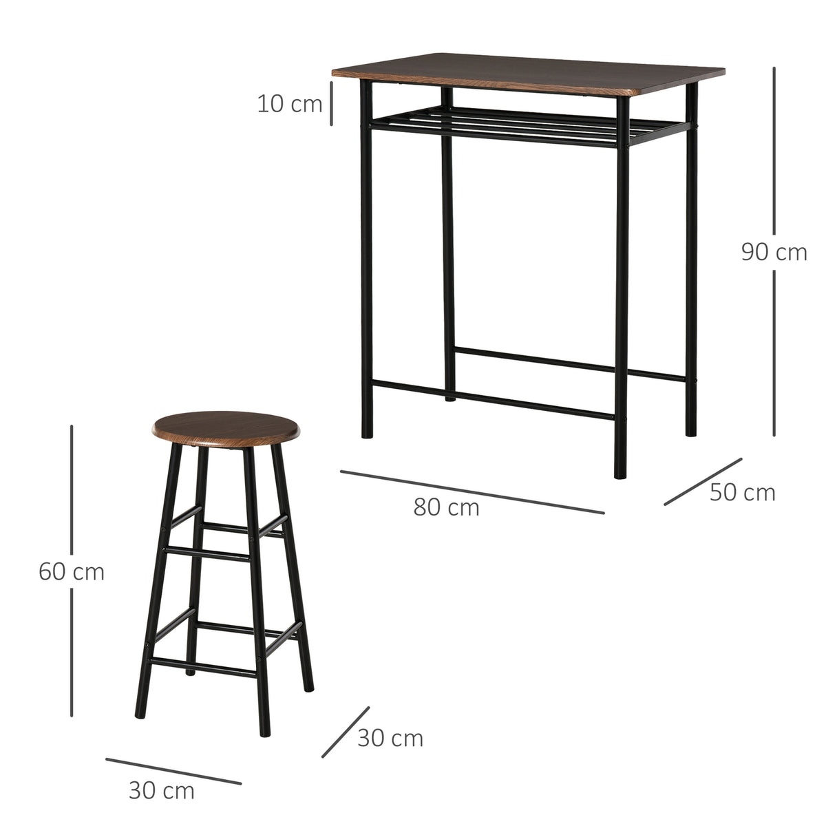 Bar table set 3-piece dining table with 2 bar stools dining group kitchen table and chairs bar table and bar stool with storage shelf metal 80 x 50 x 90 cm black