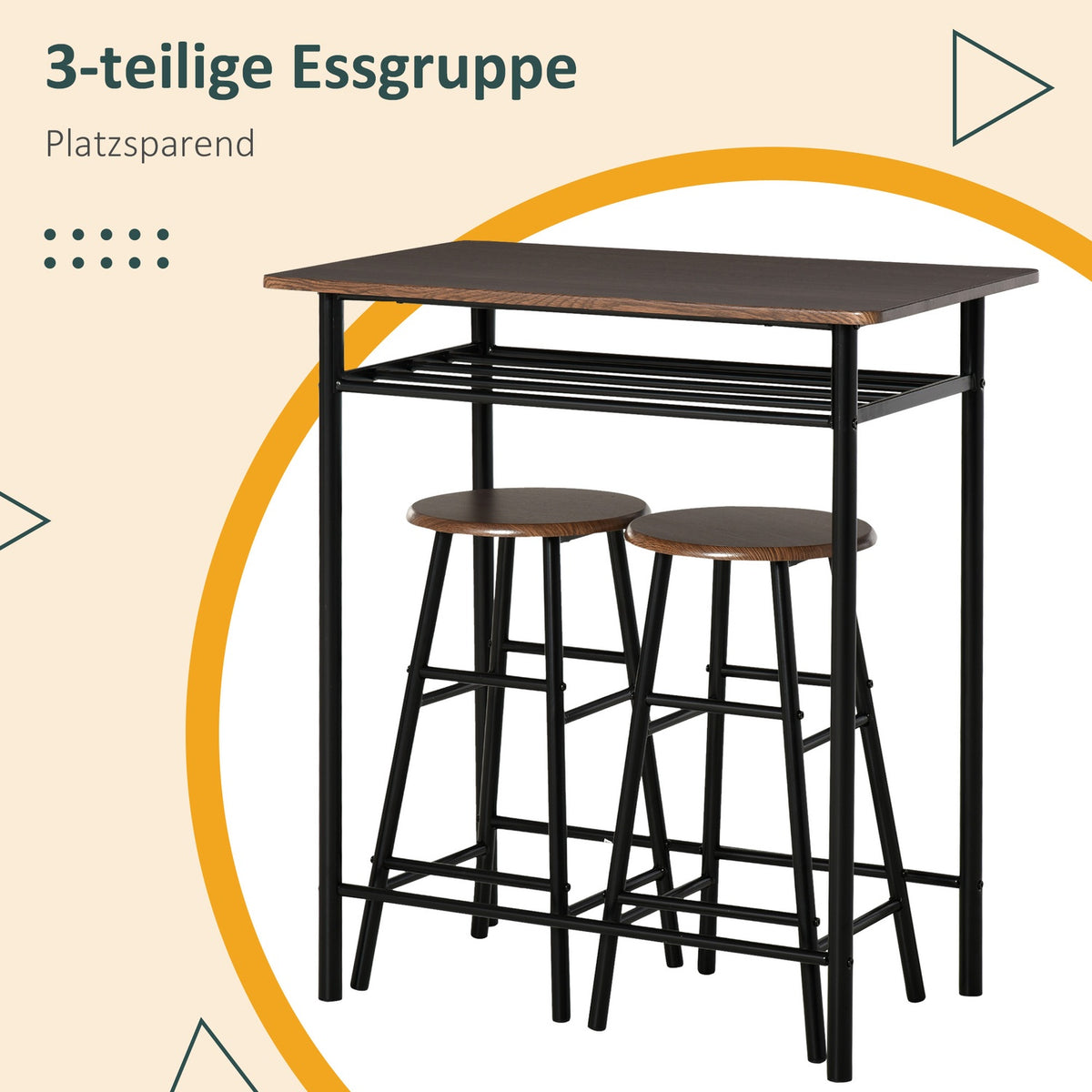 Bar table set 3-piece dining table with 2 bar stools dining group kitchen table and chairs bar table and bar stool with storage shelf metal 80 x 50 x 90 cm black
