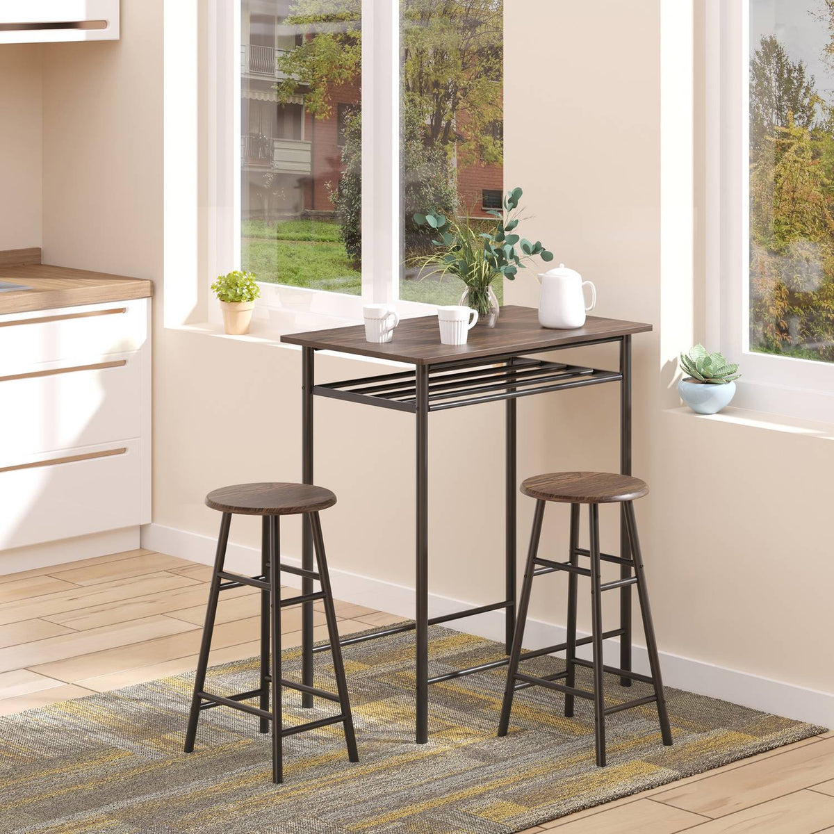 Bar table set 3-piece dining table with 2 bar stools dining group kitchen table and chairs bar table and bar stool with storage shelf metal 80 x 50 x 90 cm black