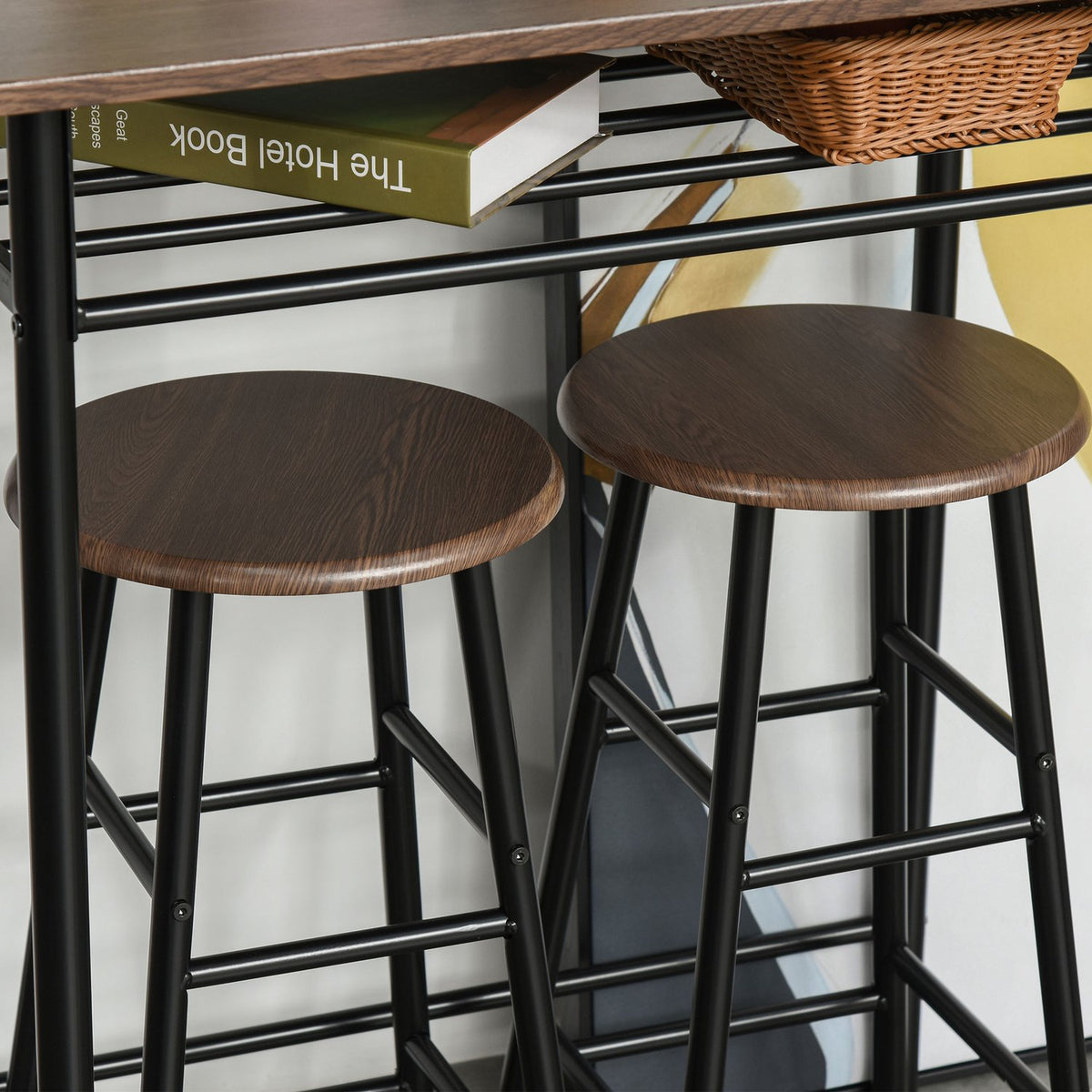 Bar table set 3-piece dining table with 2 bar stools dining group kitchen table and chairs bar table and bar stool with storage shelf metal 80 x 50 x 90 cm black