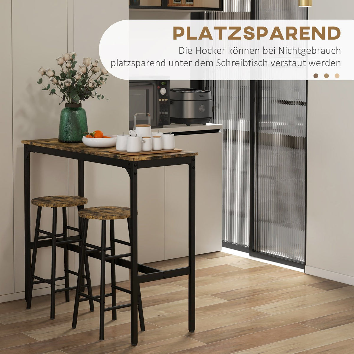 Bar table set, 3 pieces. Bar table with bar stool set, dining group in industrial design, kitchen table with 2 bar stools, for dining room, kitchen, steel, rustic brown