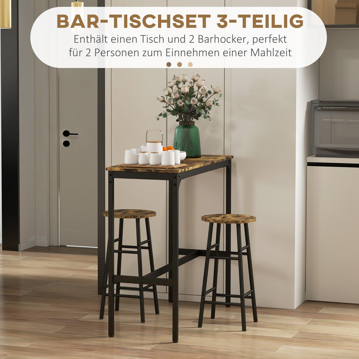 Bar table set, 3 pieces. Bar table with bar stool set, dining group in industrial design, kitchen table with 2 bar stools, for dining room, kitchen, steel, rustic brown