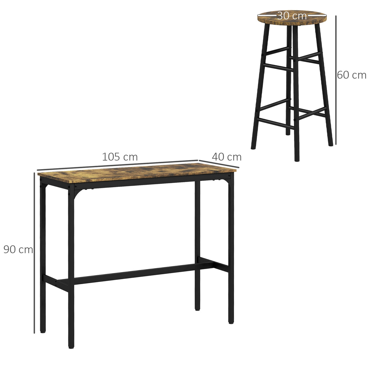 Bar table set, 3 pieces. Bar table with bar stool set, dining group in industrial design, kitchen table with 2 bar stools, for dining room, kitchen, steel, rustic brown