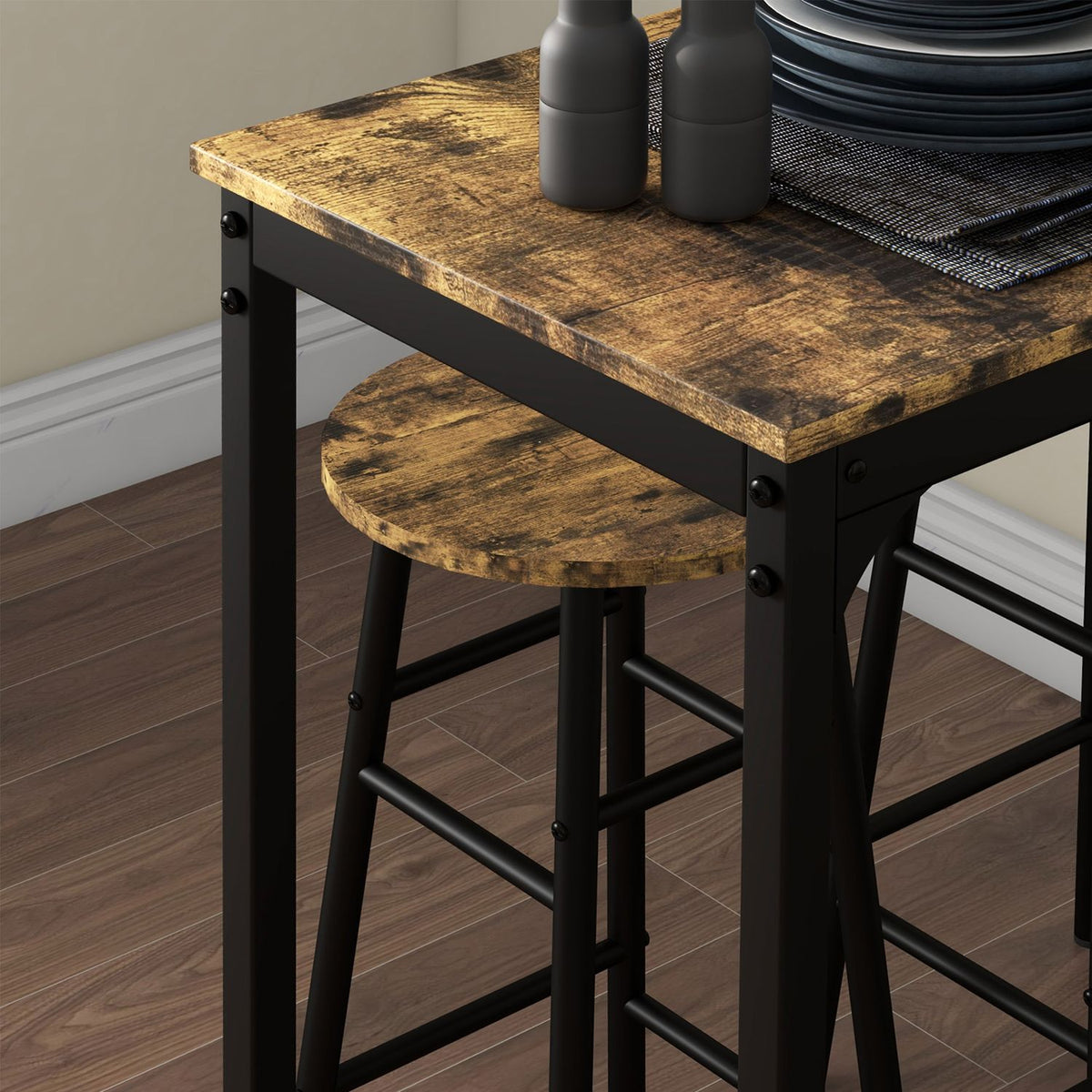 Bar table set, 3 pieces. Bar table with bar stool set, dining group in industrial design, kitchen table with 2 bar stools, for dining room, kitchen, steel, rustic brown