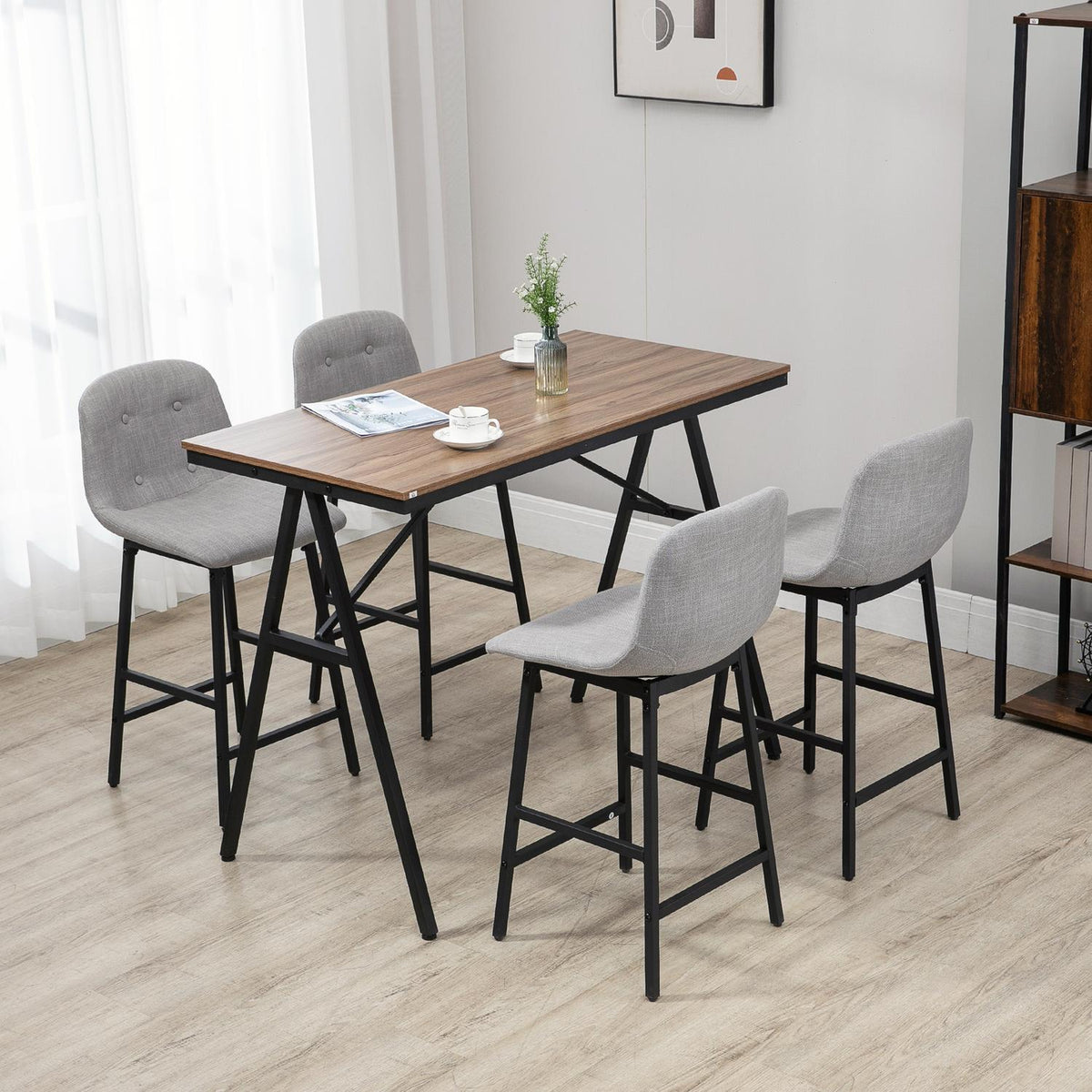 Bar table set 5 pieces. with bar stools, dining group for kitchen, bistro table with 4 chairs, metal, light brown, 120x60x91 cm