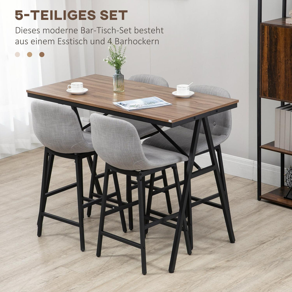 Bar table set 5 pieces. with bar stools, dining group for kitchen, bistro table with 4 chairs, metal, light brown, 120x60x91 cm