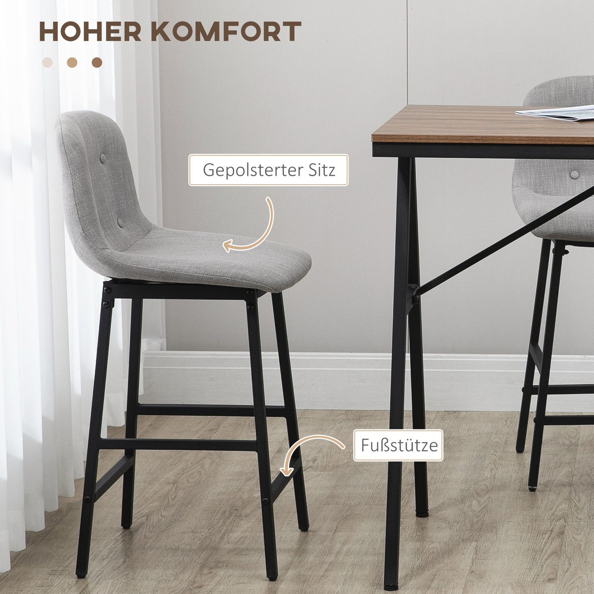 Bar table set 5 pieces. with bar stools, dining group for kitchen, bistro table with 4 chairs, metal, light brown, 120x60x91 cm
