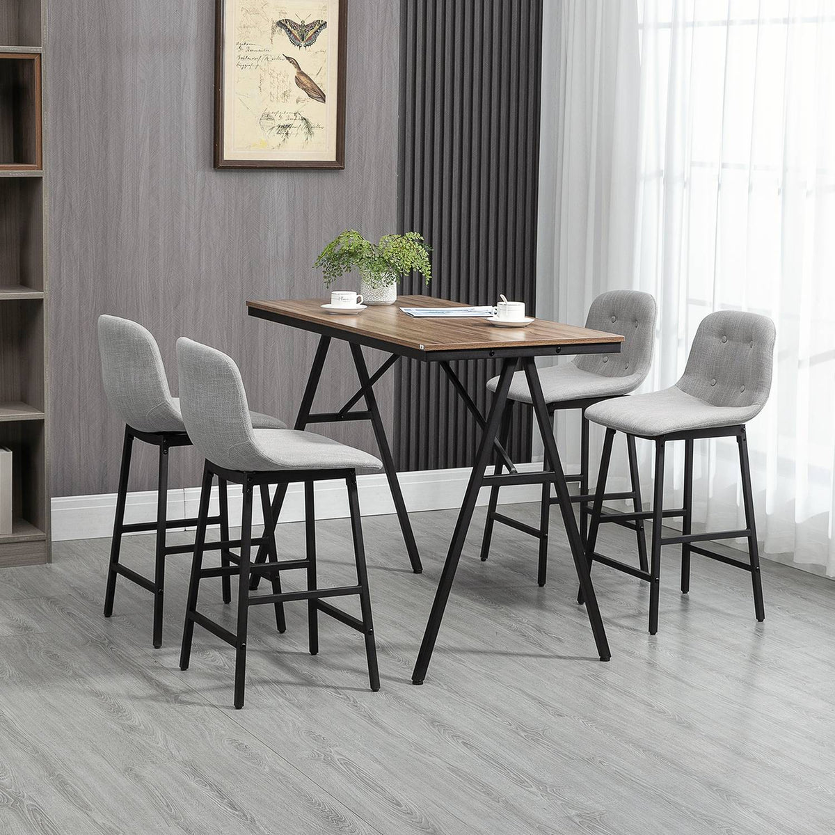 Bar table set 5 pieces. with bar stools, dining group for kitchen, bistro table with 4 chairs, metal, light brown, 120x60x91 cm