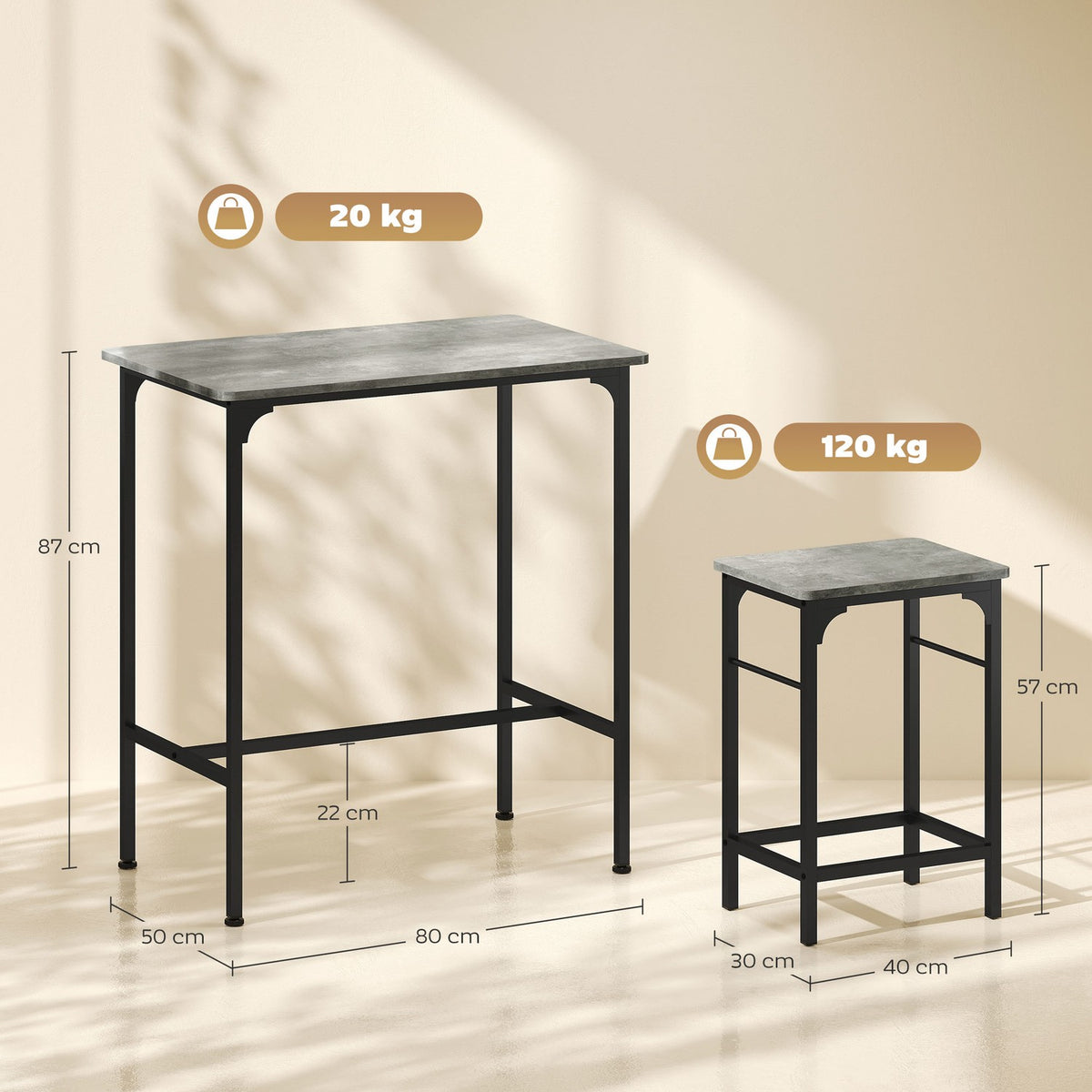 Bar table set Bar table with bar stool set Dining table with 2 chairs with non-slip foot pad Grey