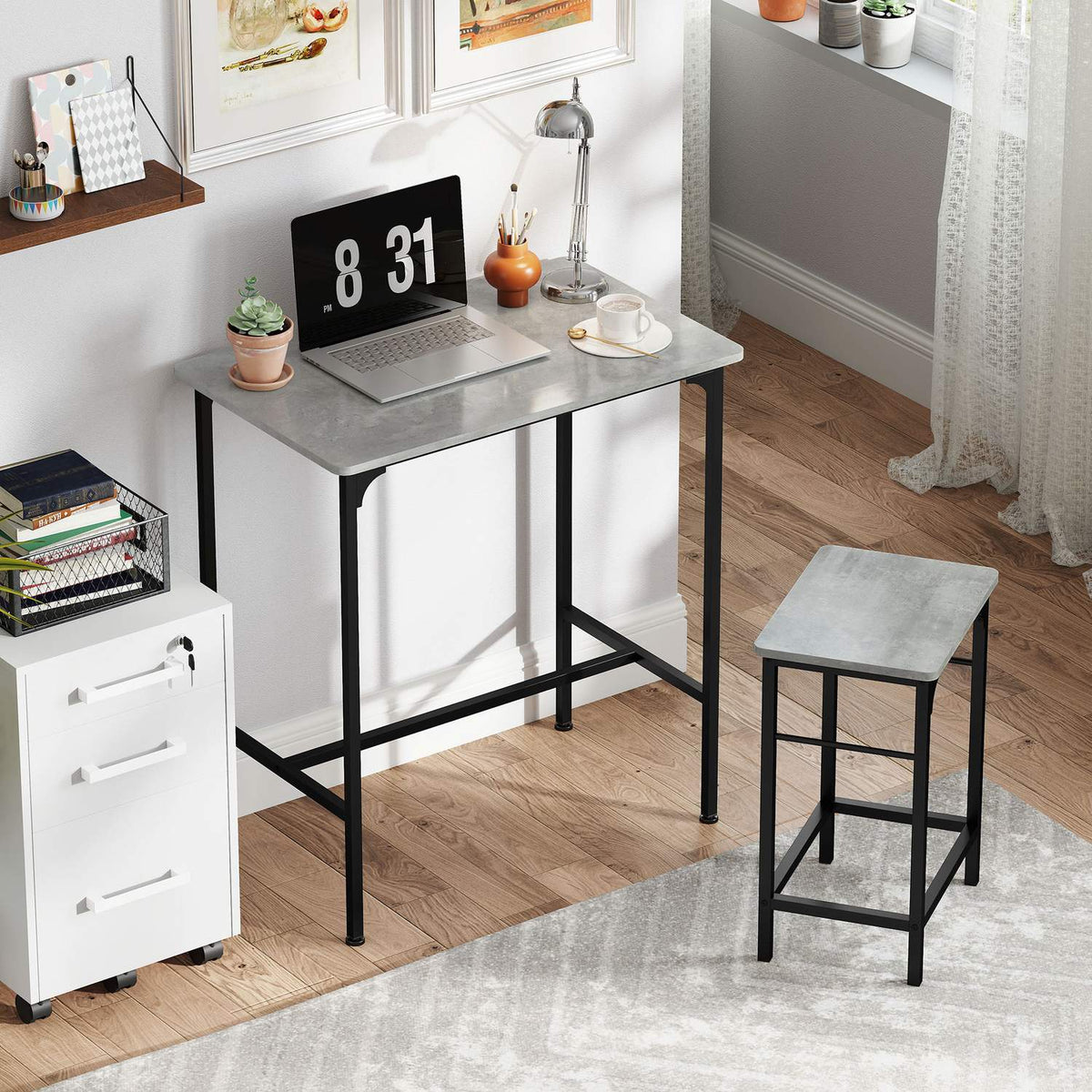 Bar table set Bar table with bar stool set Dining table with 2 chairs with non-slip foot pad Grey