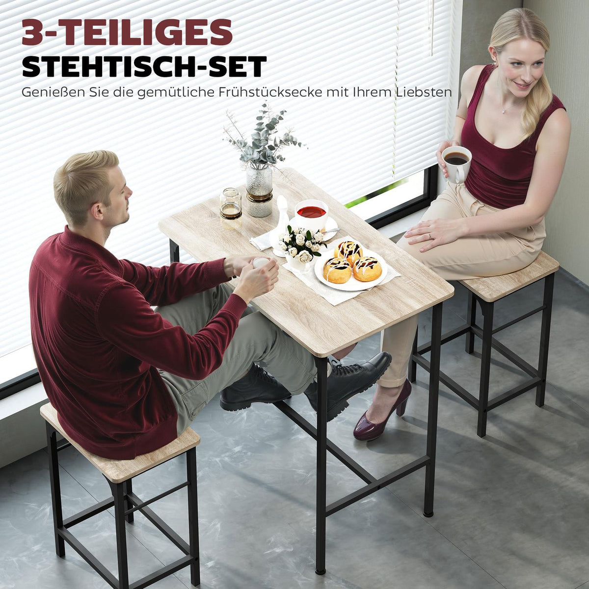 Bar table set Bar table with bar stool set Dining table with 2 chairs with non-slip foot pad Natural wood