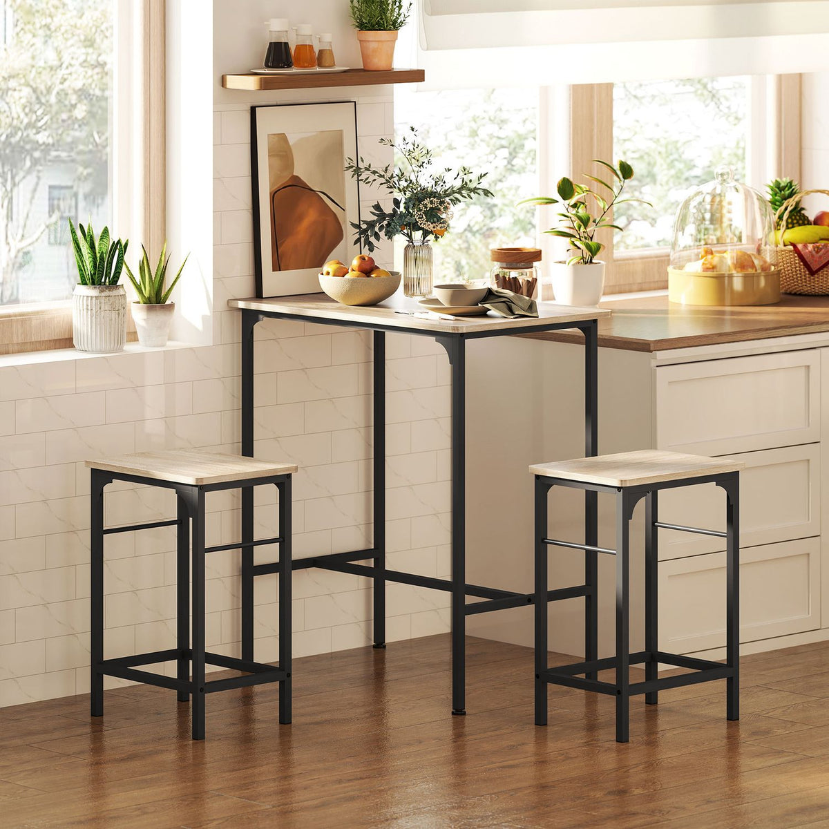 Bar table set Bar table with bar stool set Dining table with 2 chairs with non-slip foot pad Natural wood