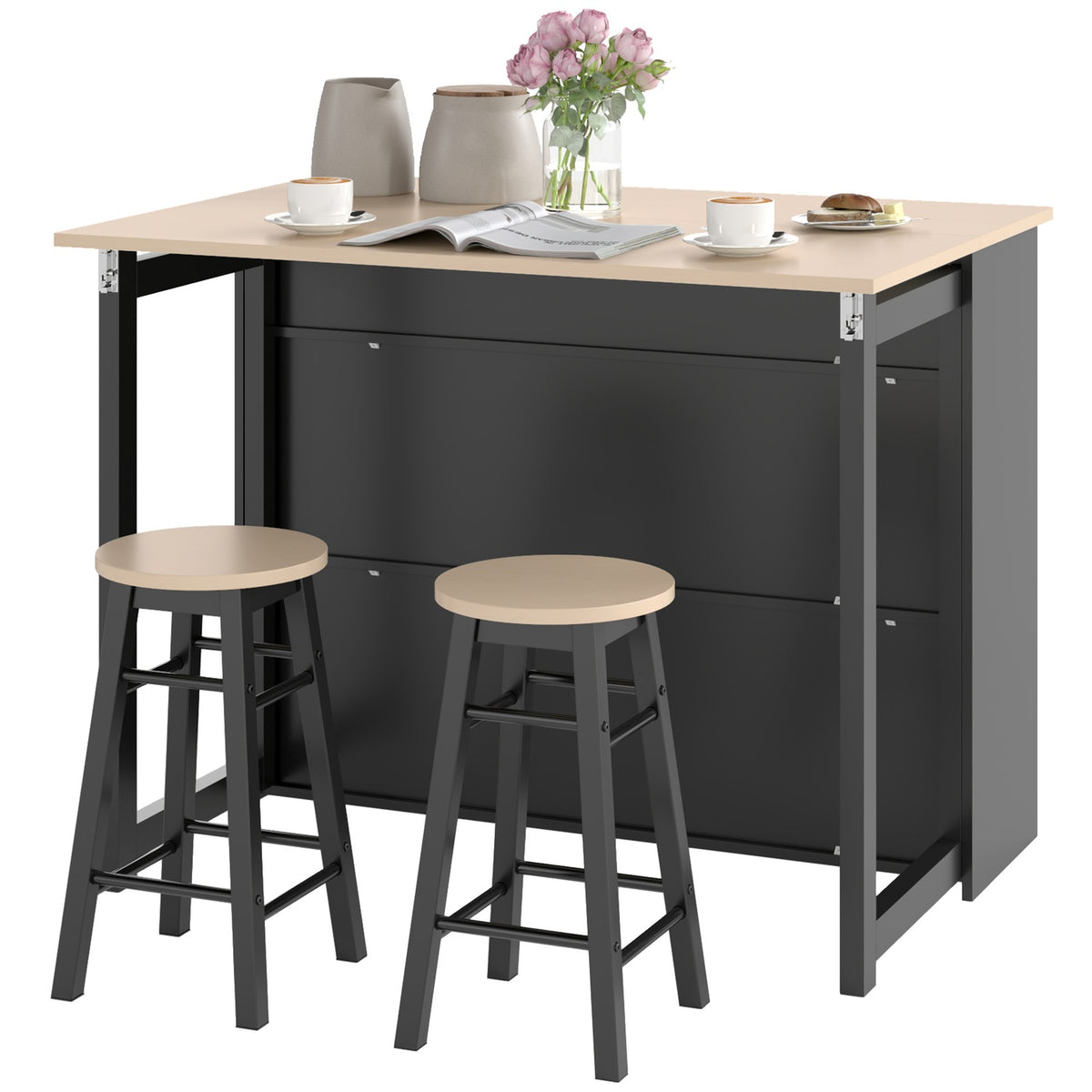 Bar table with bar stool set, 3-piece bar table set, dining table with folding table top, kitchen table with cupboard, dining group for dining room, living room, black