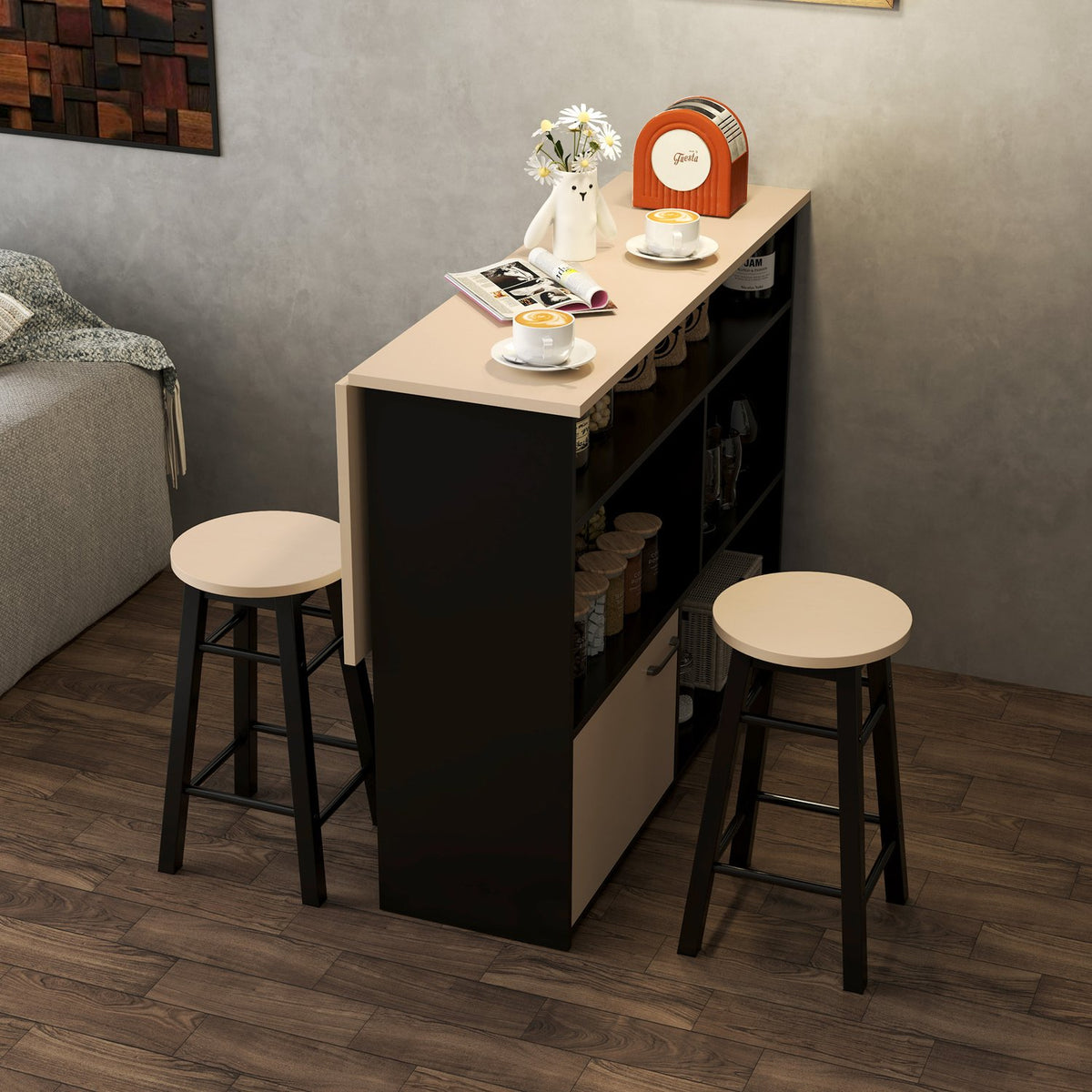 Bar table with bar stool set, 3-piece bar table set, dining table with folding table top, kitchen table with cupboard, dining group for dining room, living room, black