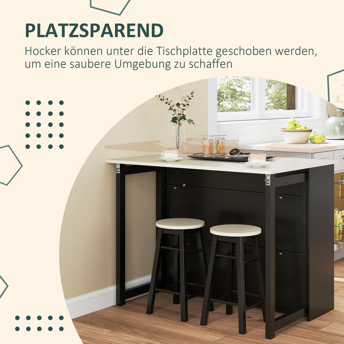 Bar table with bar stool set, 3-piece bar table set, dining table with folding table top, kitchen table with cupboard, dining group for dining room, living room, black