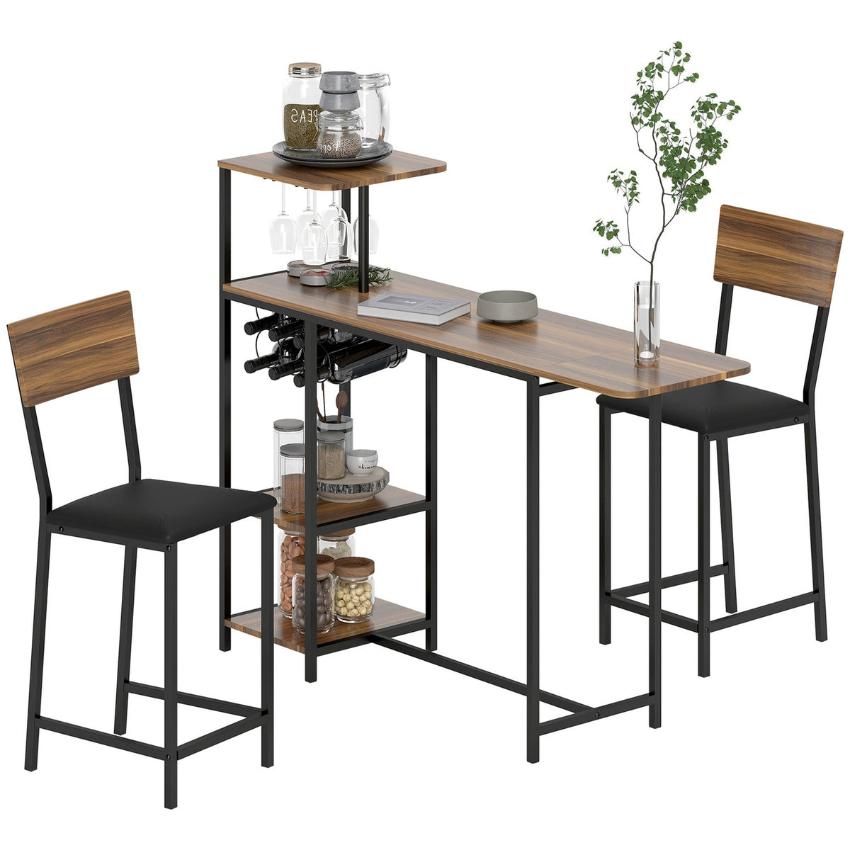 Bar table with bar stool set, 3 pieces. Bar table set with folding kitchen table, wine glass holder, wine rack, 2 bar chairs, steel frame, in modern, dining group for dining room, kitchen, brown |