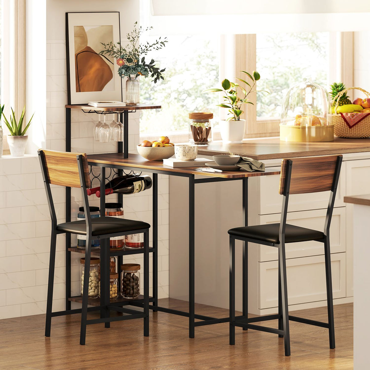 Bar table with bar stool set, 3 pieces. Bar table set with folding kitchen table, wine glass holder, wine rack, 2 bar chairs, steel frame, in modern, dining group for dining room, kitchen, brown |