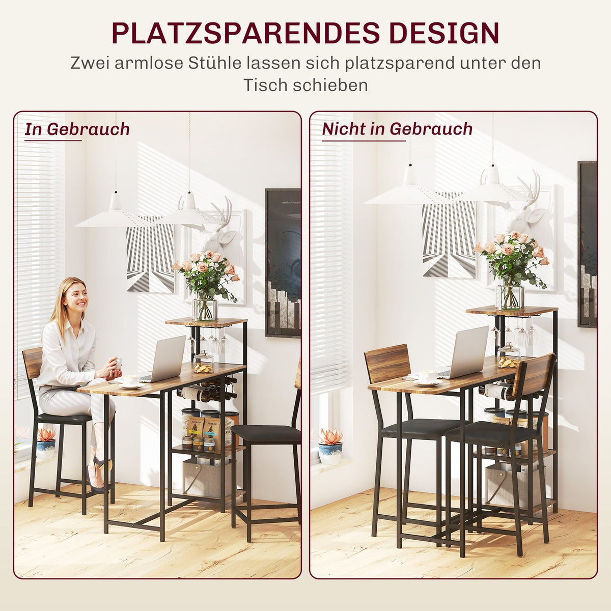 Bar table with bar stool set, 3 pieces. Bar table set with folding kitchen table, wine glass holder, wine rack, 2 bar chairs, steel frame, in modern, dining group for dining room, kitchen, brown |