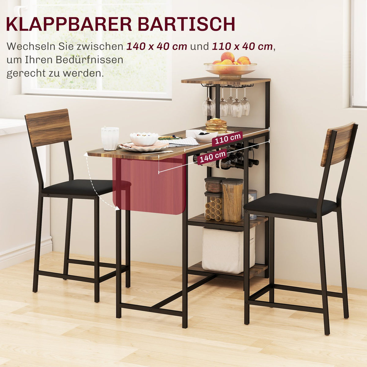 Bar table with bar stool set, 3 pieces. Bar table set with folding kitchen table, wine glass holder, wine rack, 2 bar chairs, steel frame, in modern, dining group for dining room, kitchen, brown |