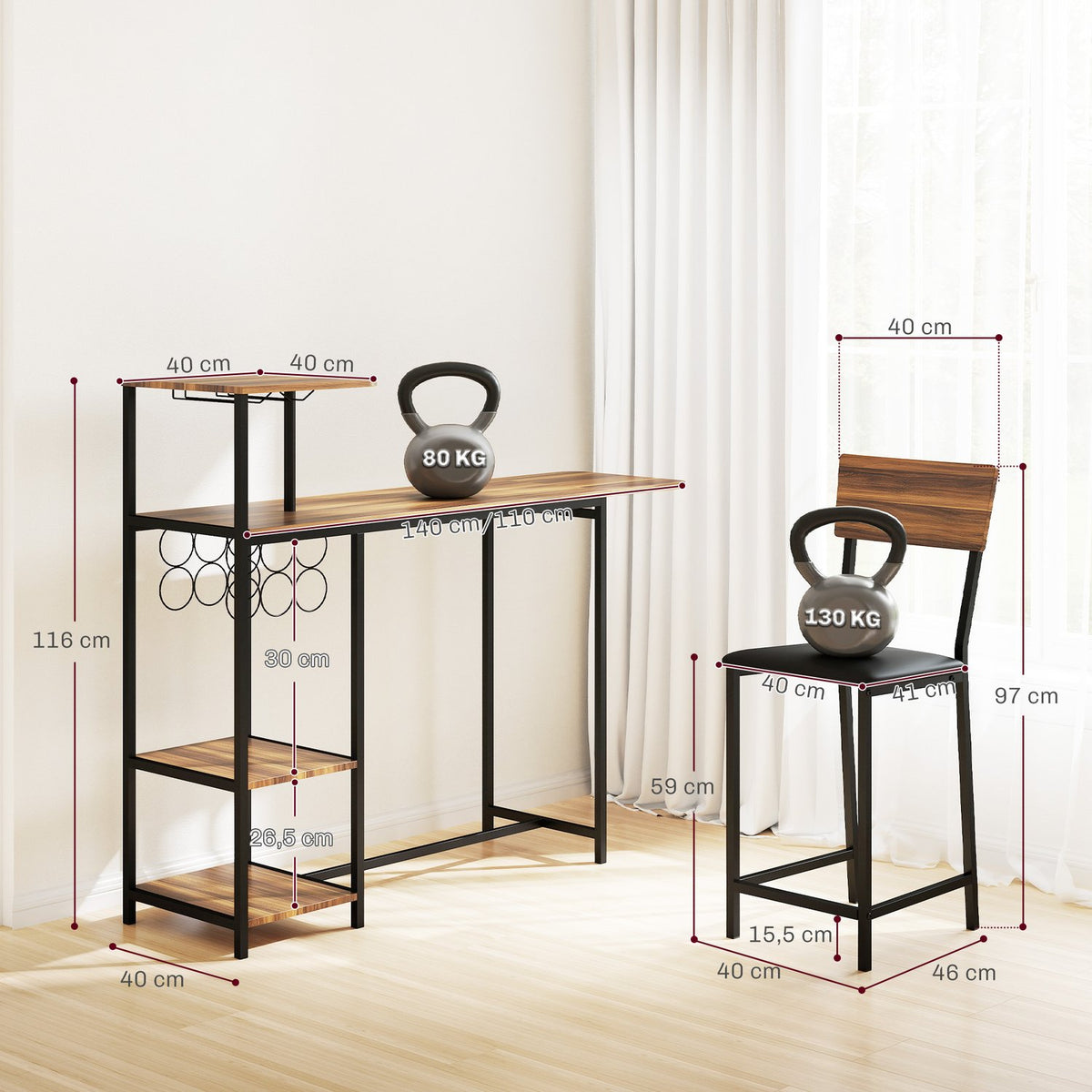 Bar table with bar stool set, 3 pieces. Bar table set with folding kitchen table, wine glass holder, wine rack, 2 bar chairs, steel frame, in modern, dining group for dining room, kitchen, brown |