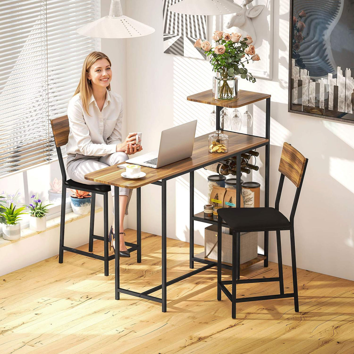 Bar table with bar stool set, 3 pieces. Bar table set with folding kitchen table, wine glass holder, wine rack, 2 bar chairs, steel frame, in modern, dining group for dining room, kitchen, brown |