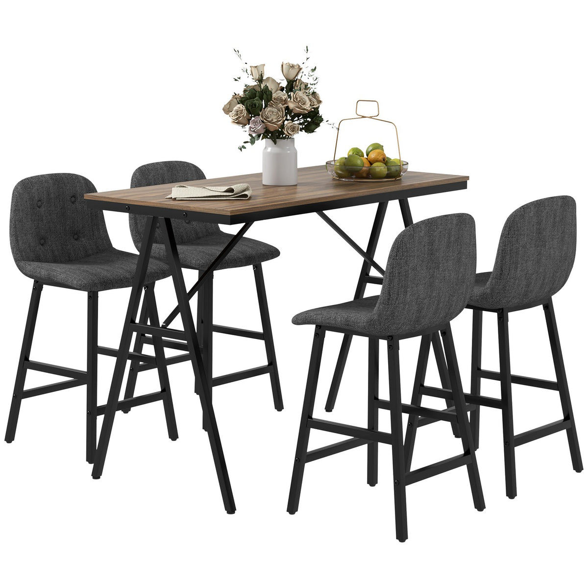 Bar table with bar stool set, 5-piece dining group, kitchen table, bistro table with 4 chairs, bar table set for kitchen, living room, steel, dark gray, 120 x 60 x 91 cm