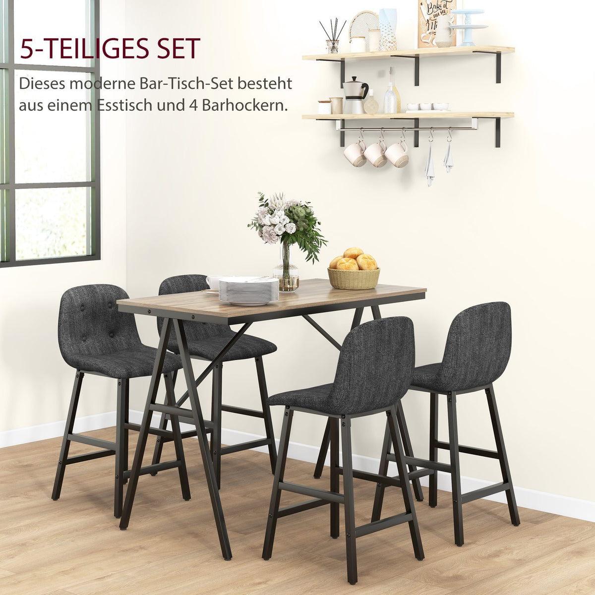 Bar table with bar stool set, 5-piece dining group, kitchen table, bistro table with 4 chairs, bar table set for kitchen, living room, steel, dark gray, 120 x 60 x 91 cm