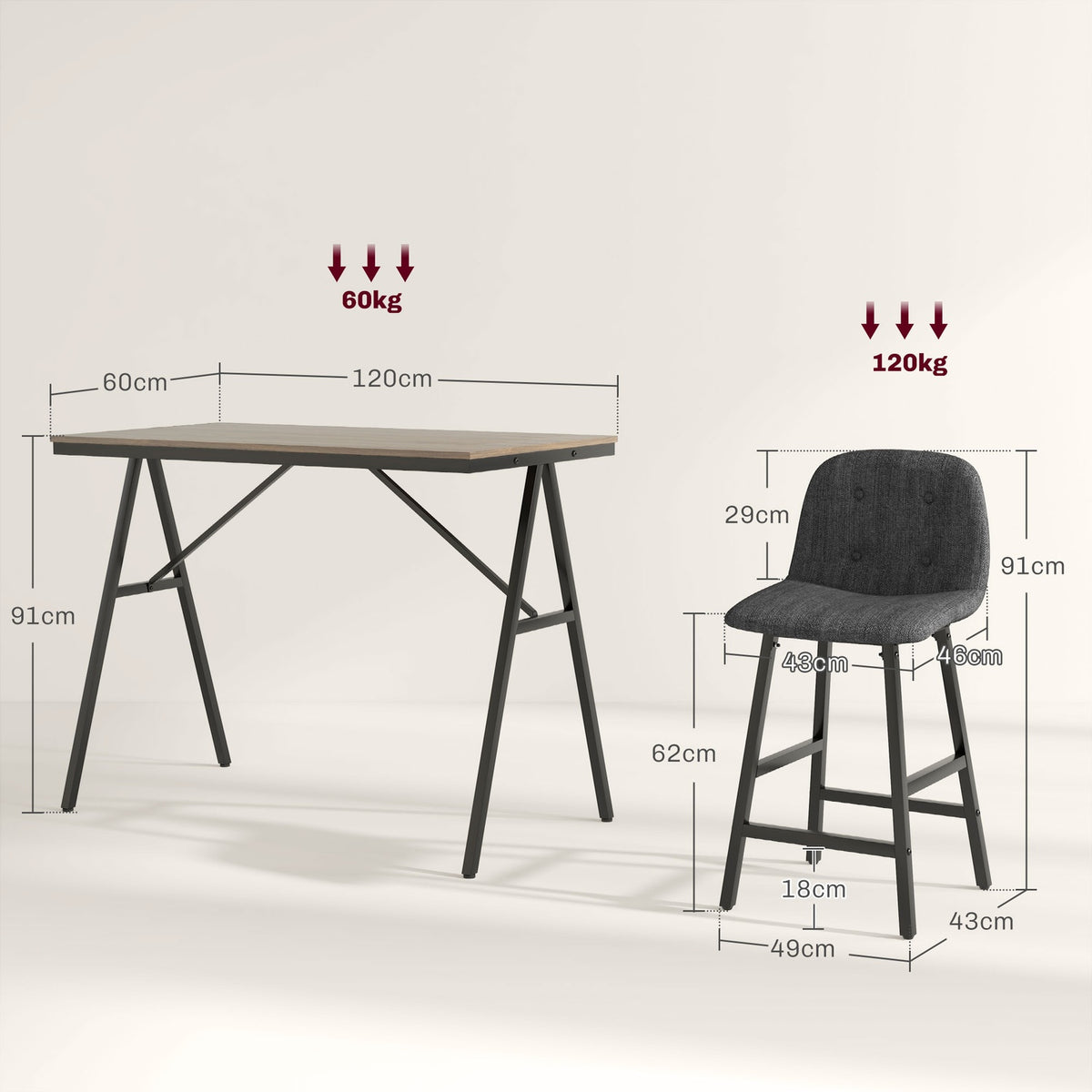 Bar table with bar stool set, 5-piece dining group, kitchen table, bistro table with 4 chairs, bar table set for kitchen, living room, steel, dark gray, 120 x 60 x 91 cm