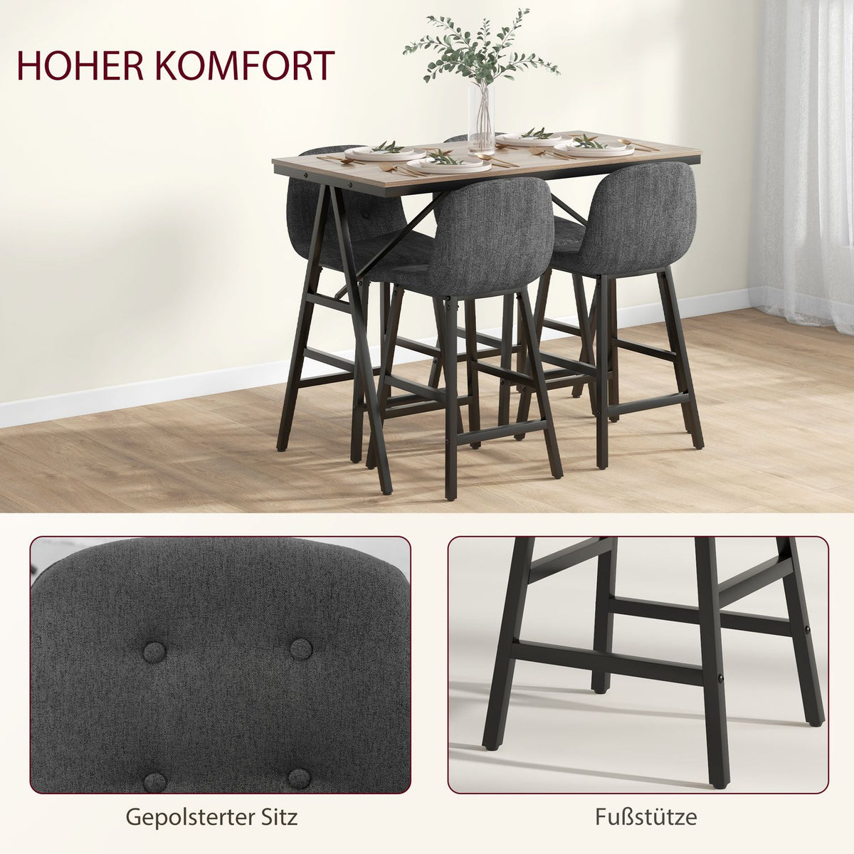 Bar table with bar stool set, 5-piece dining group, kitchen table, bistro table with 4 chairs, bar table set for kitchen, living room, steel, dark gray, 120 x 60 x 91 cm