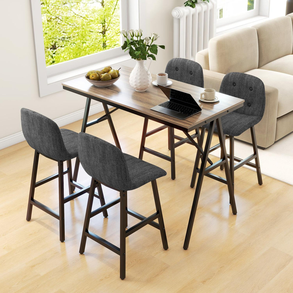 Bar table with bar stool set, 5-piece dining group, kitchen table, bistro table with 4 chairs, bar table set for kitchen, living room, steel, dark gray, 120 x 60 x 91 cm