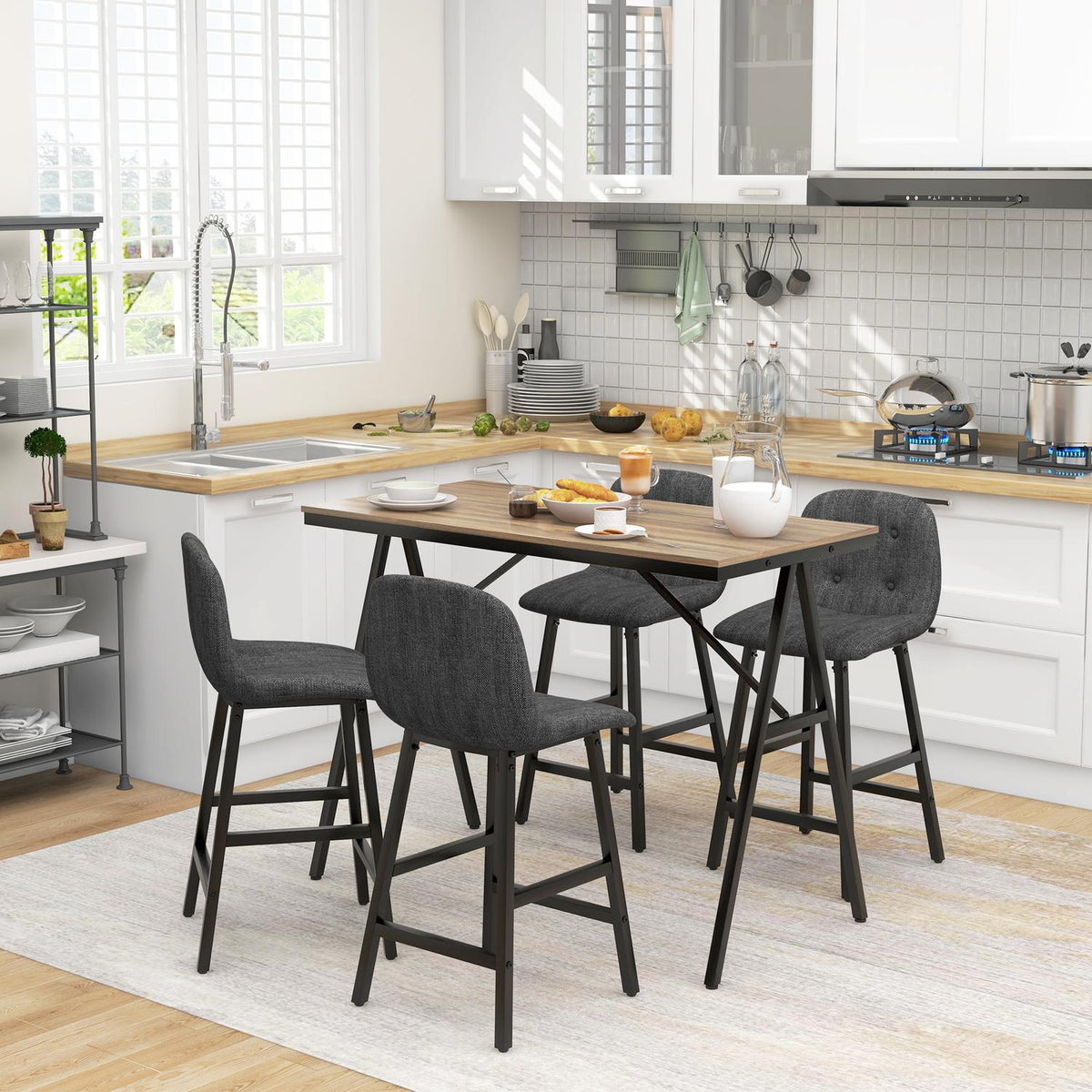 Bar table with bar stool set, 5-piece dining group, kitchen table, bistro table with 4 chairs, bar table set for kitchen, living room, steel, dark gray, 120 x 60 x 91 cm