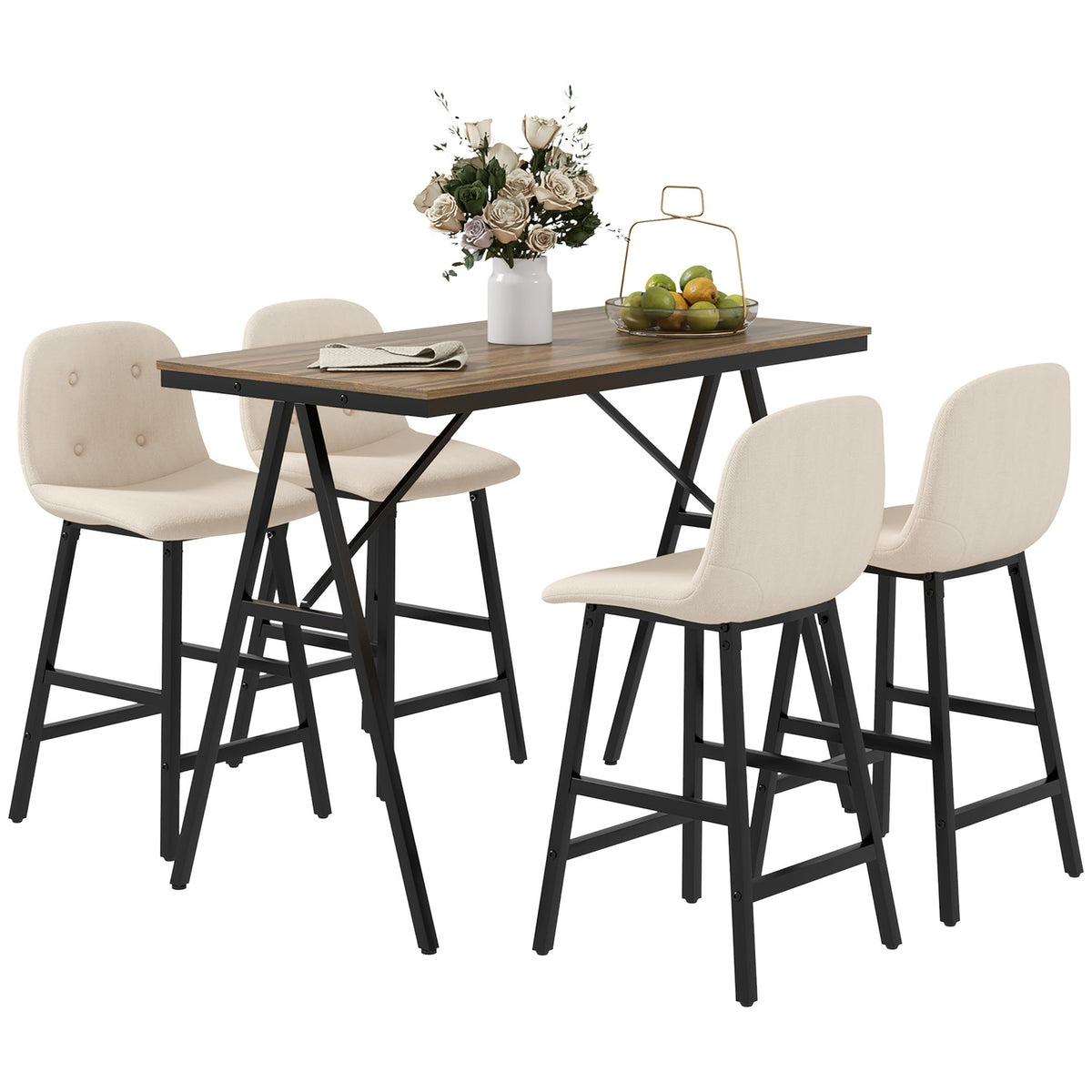 Bar table with bar stool set, 5-piece dining set, kitchen table, bistro table with 4 chairs, bar table set for kitchen, living room, steel, beige, 120 x 60 x 91 cm