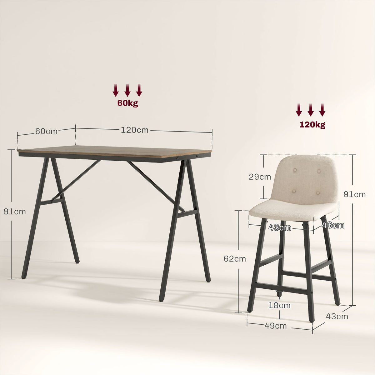 Bar table with bar stool set, 5-piece dining set, kitchen table, bistro table with 4 chairs, bar table set for kitchen, living room, steel, beige, 120 x 60 x 91 cm