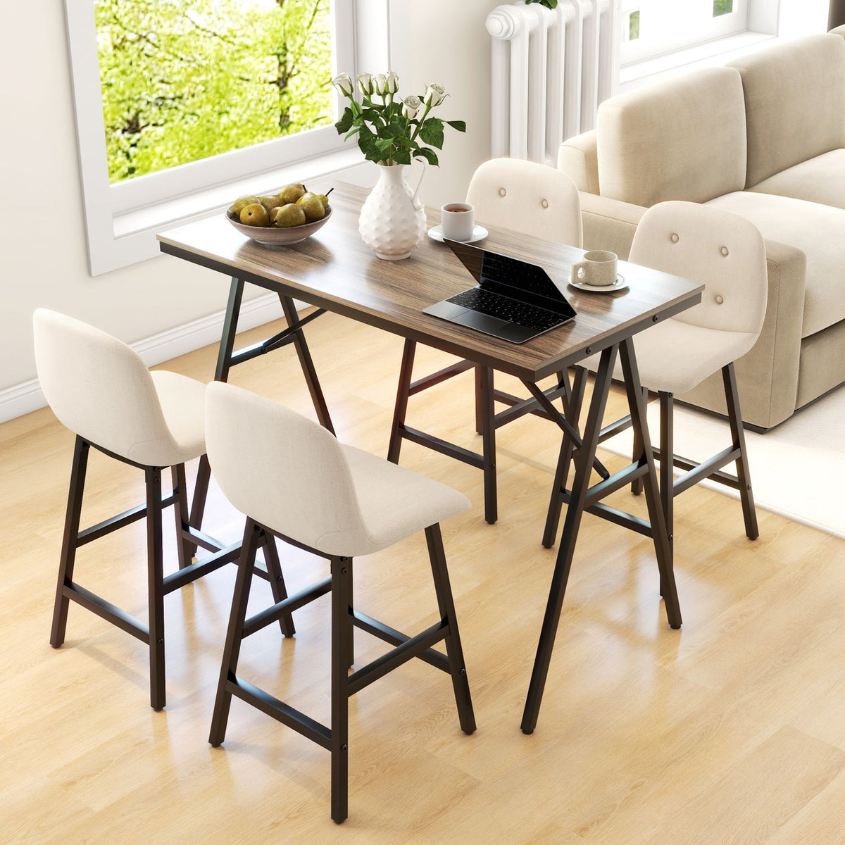 Bar table with bar stool set, 5-piece dining set, kitchen table, bistro table with 4 chairs, bar table set for kitchen, living room, steel, beige, 120 x 60 x 91 cm