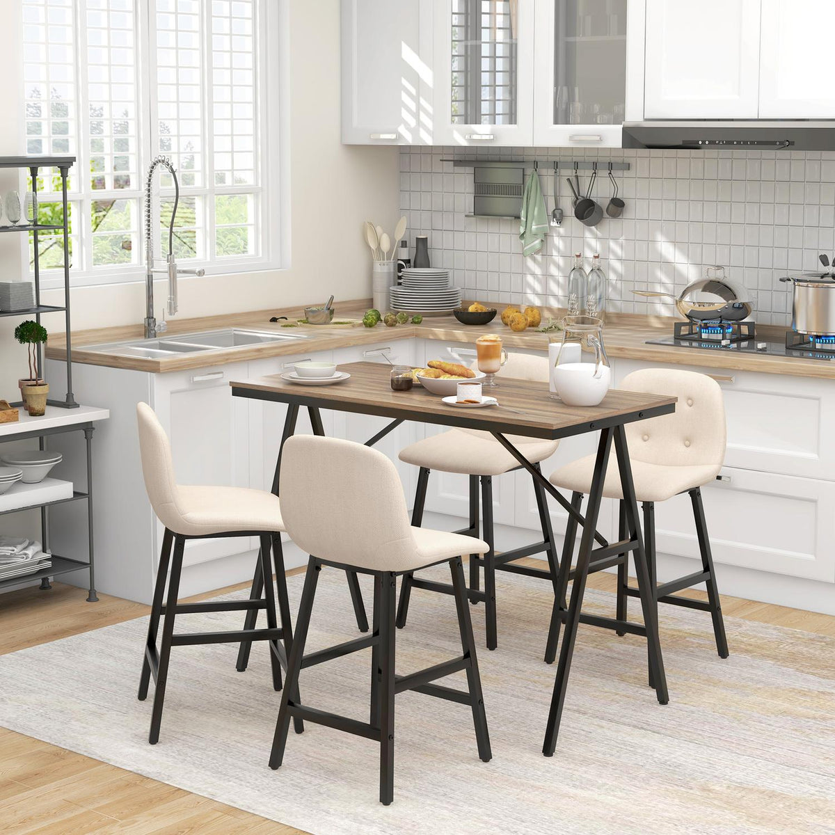 Bar table with bar stool set, 5-piece dining set, kitchen table, bistro table with 4 chairs, bar table set for kitchen, living room, steel, beige, 120 x 60 x 91 cm