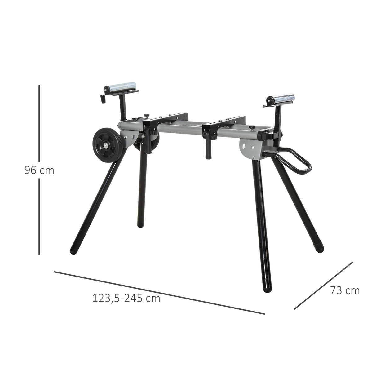 Base Frame For Cross-Cut Saw Work Table, Black + Silver, Side Extension 123.5-245 Cm
