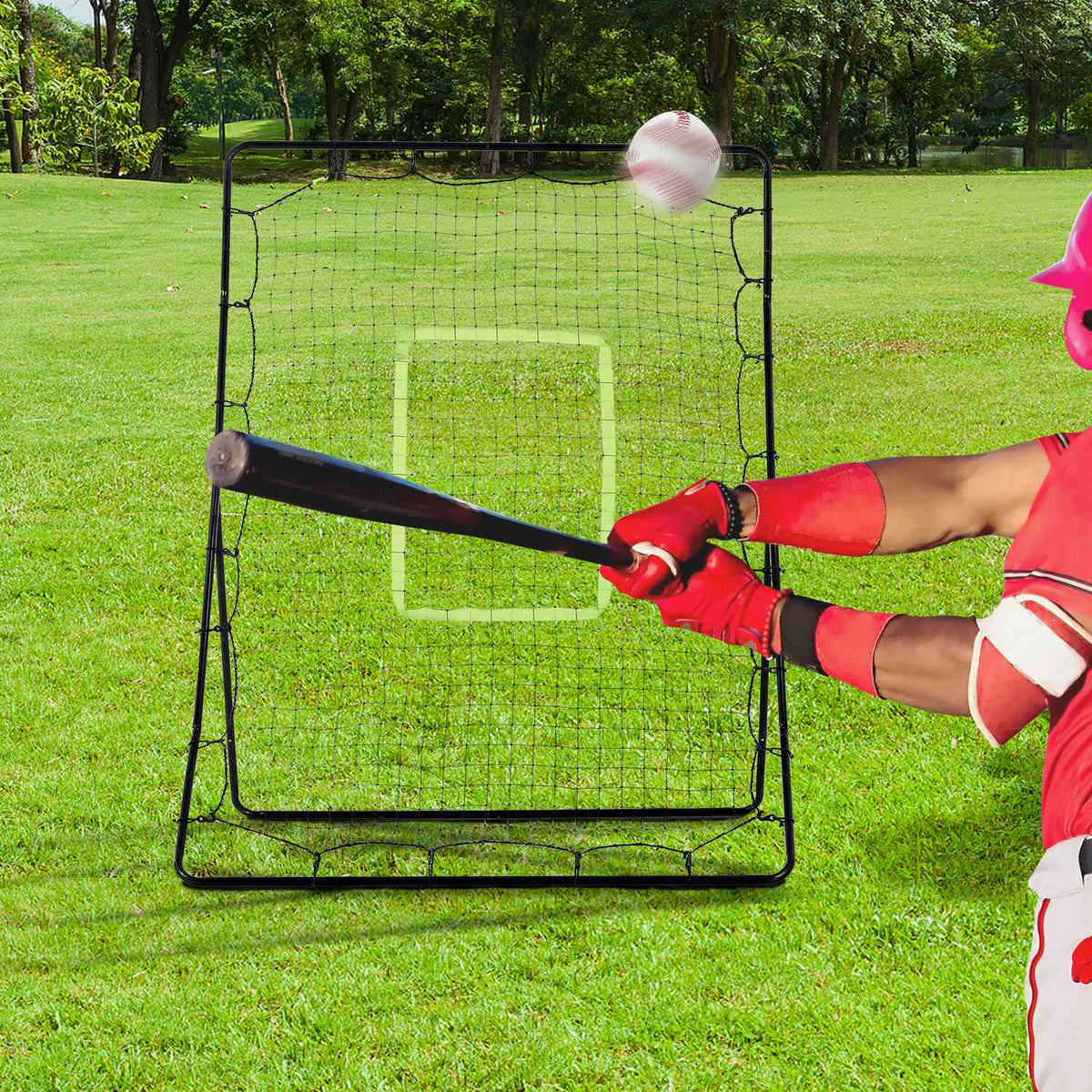 Baseball Rebounder PitchBack, Portable Rebound Wall Net with Hitting Zone for Baseball, Football, Metal, Black, 123 x 174 cm
