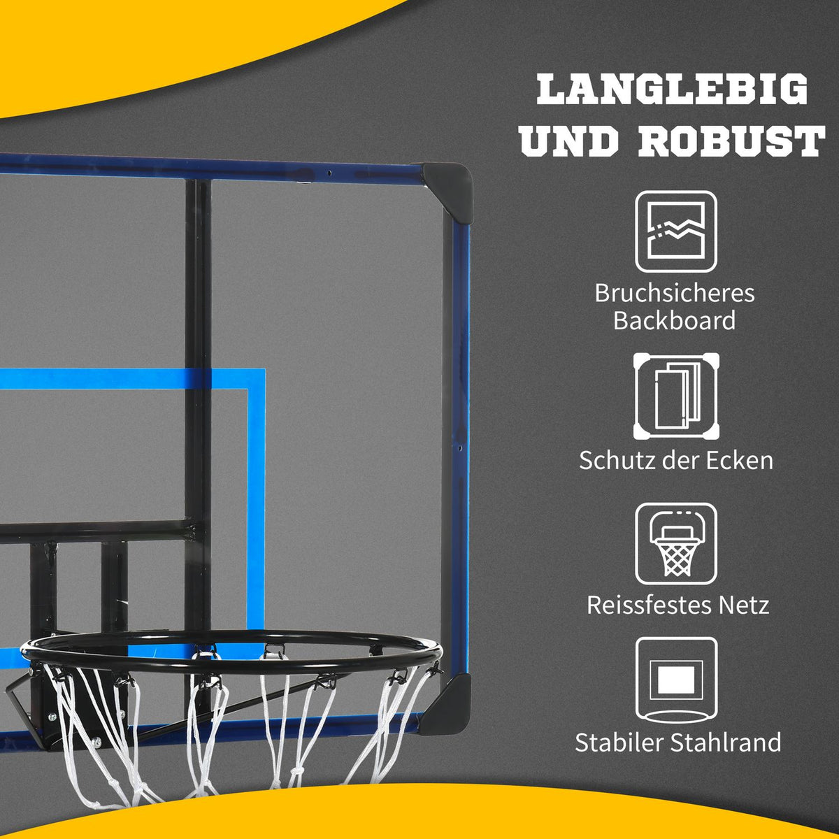 Basketball Hoop Basketball Board With Basket And Net, Wall Mounted For Outdoor, Steel, 113 X 61 X 73 Cm