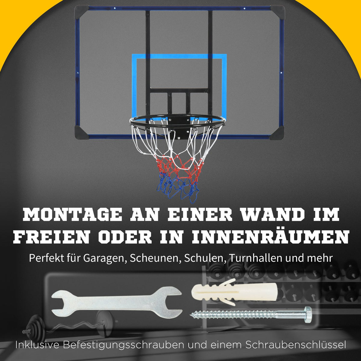 Basketball Hoop Basketball Board With Basket And Net, Wall Mounted For Outdoor, Steel, 113 X 61 X 73 Cm