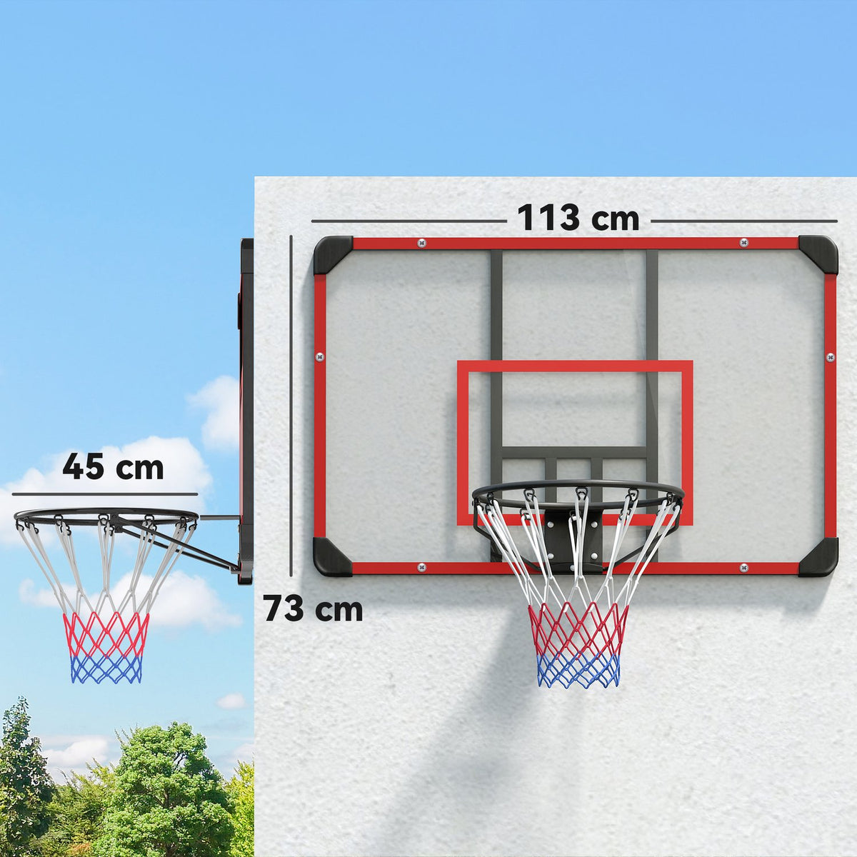 Basketball Hoop, Basketball Board with Basket, Basketball Net with Basketball Board, Wall Mounted, Outdoor, Steel, 113 x 61 x 73 cm, Red