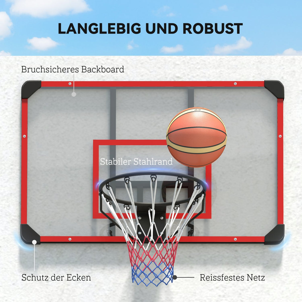 Basketball Hoop, Basketball Board with Basket, Basketball Net with Basketball Board, Wall Mounted, Outdoor, Steel, 113 x 61 x 73 cm, Red