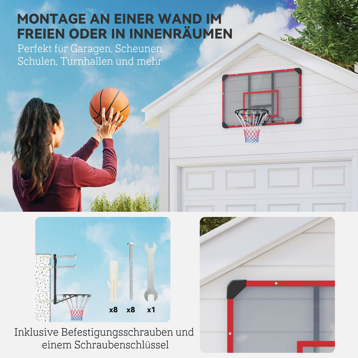 Basketball Hoop, Basketball Board with Basket, Basketball Net with Basketball Board, Wall Mounted, Outdoor, Steel, 113 x 61 x 73 cm, Red