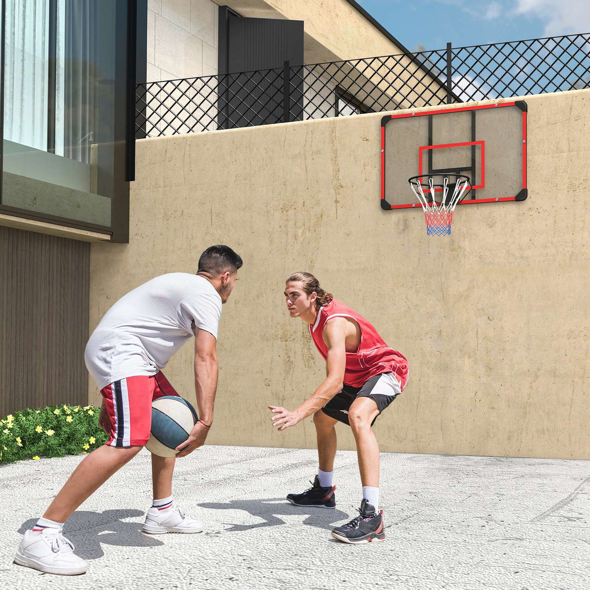 Basketball Hoop, Basketball Board with Basket, Basketball Net with Basketball Board, Wall Mounted, Outdoor, Steel, 113 x 61 x 73 cm, Red