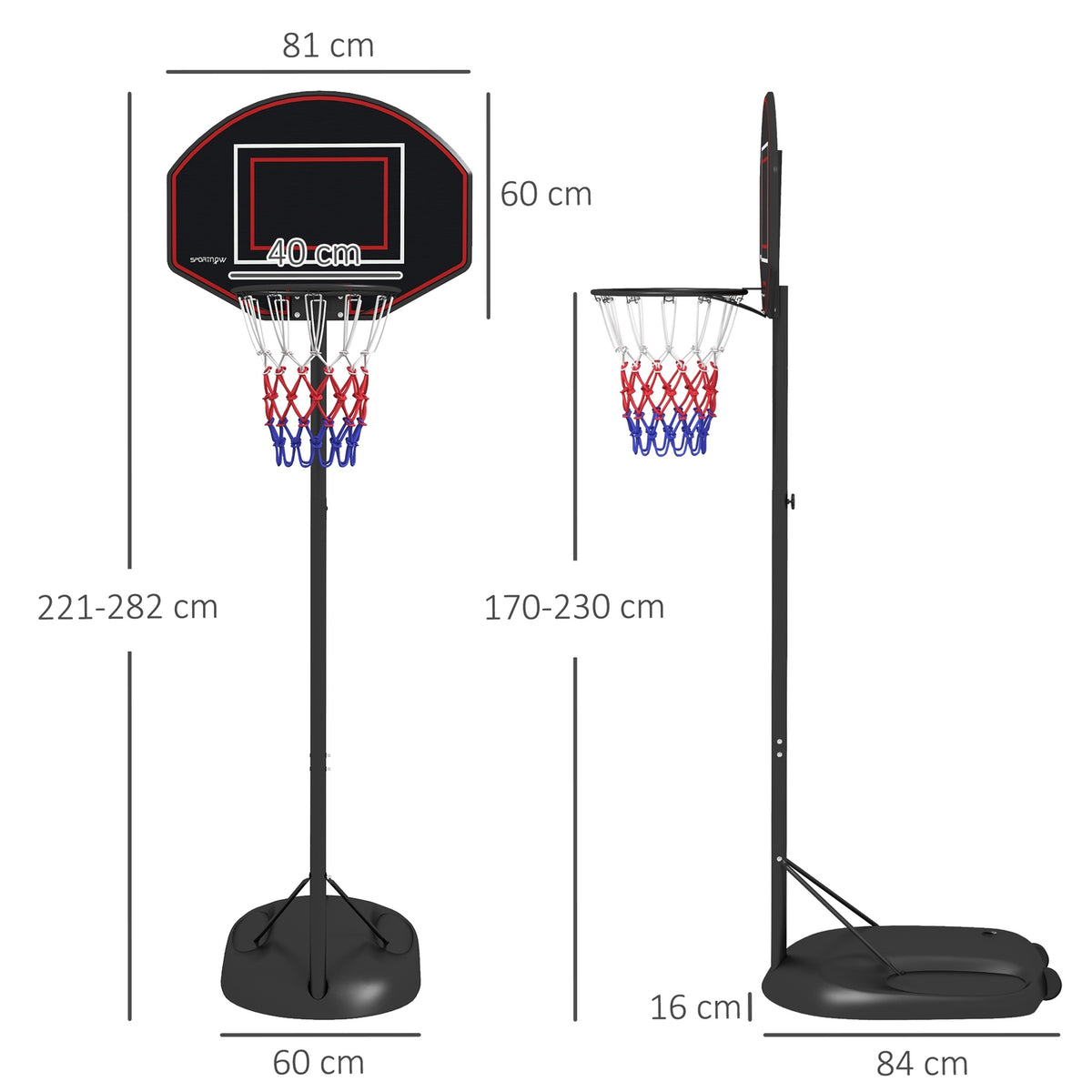 Basketball Hoop Stand 221-282Cm Height Adjustable Shatterproof Back Wall Wheels Basketball System Adults Steel Black