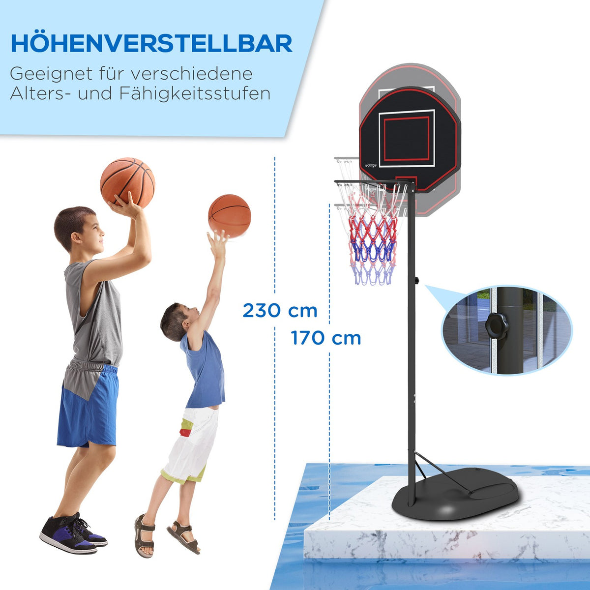 Basketball Hoop Stand 221-282Cm Height Adjustable Shatterproof Back Wall Wheels Basketball System Adults Steel Black