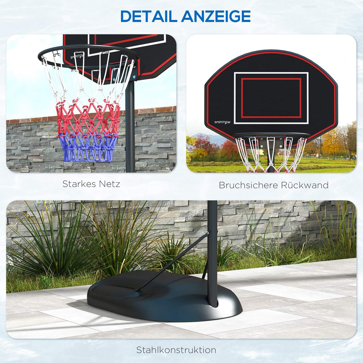 Basketball Hoop Stand 221-282Cm Height Adjustable Shatterproof Back Wall Wheels Basketball System Adults Steel Black