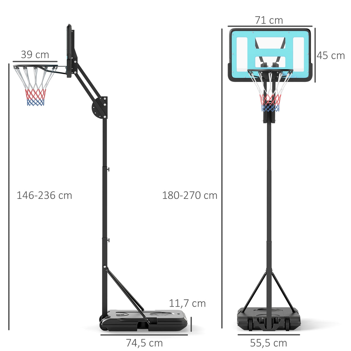 Basketball Hoop with Stand Roll 146-236 cm Height Adjustable Basketball Stand with 71x45cm Back Wall Portable Hoop System for Teenagers Adults Basketball System for Indoor Outdoor |