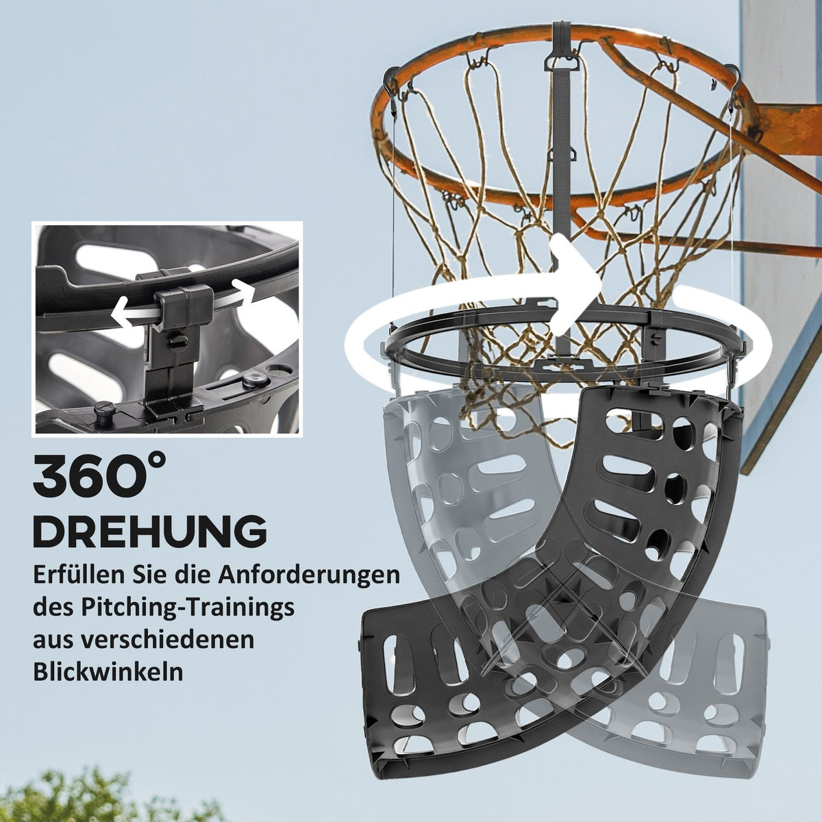 Basketball Rebounder, 360° Rotating Basketball Return Attachment, Basketball Rebound System for Basketball Shooting Practice, with Rebound Ramp, Indoor-Outdoor, Black