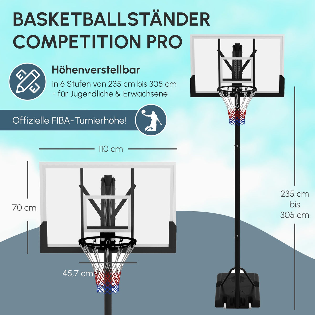 Basketball hoop height adjustable 295-365 cm with stand and wheels, basketball system for outdoor, sturdy steel
