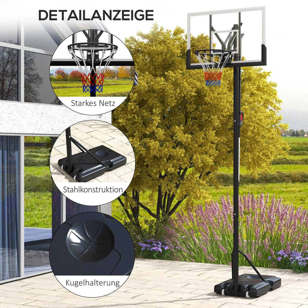 Basketball hoop height adjustable 295-365 cm with stand and wheels, basketball system for outdoor, sturdy steel